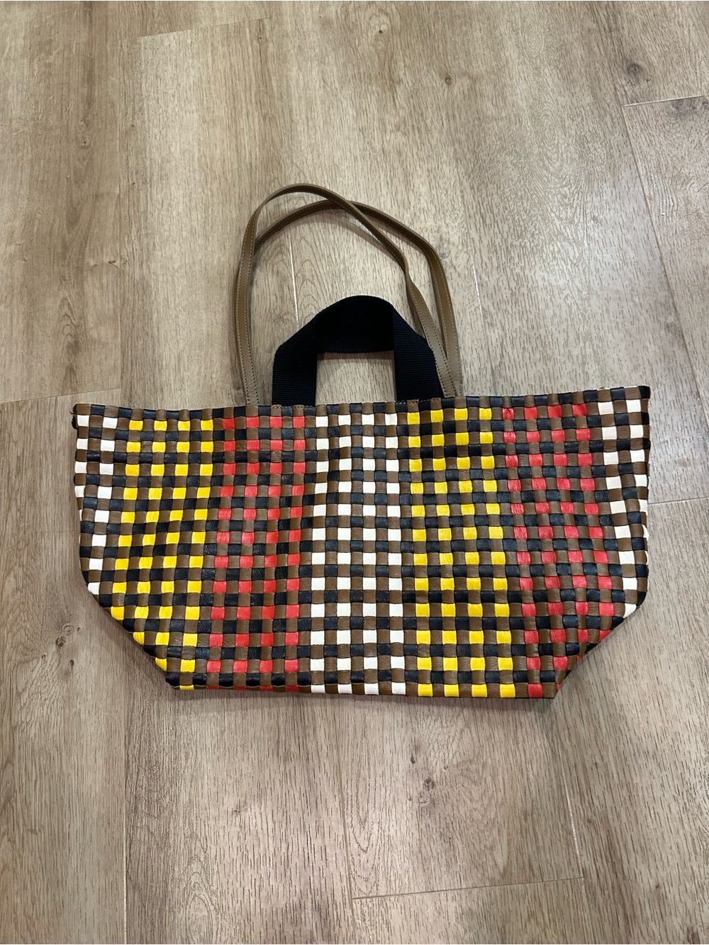 Clare V Multicolor Woven Check Bateau tote harlequin leather